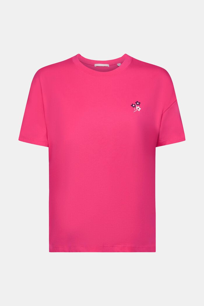 T-shirt med blommigt tryck på bröstet, PINK FUCHSIA, detail image number 5