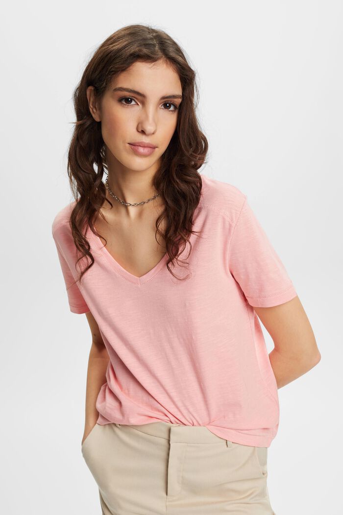 V-ringad bomulls-T-shirt med dekorativa sömmar, PINK, detail image number 0