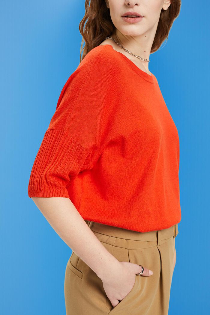 Stickad kortärmad tröja med linne, ORANGE RED, detail image number 2