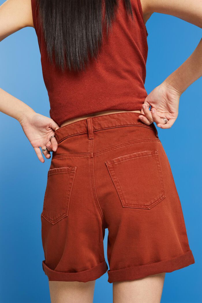 Jeansshorts med hög midja och benslut med rullkant, TERRACOTTA, detail image number 4