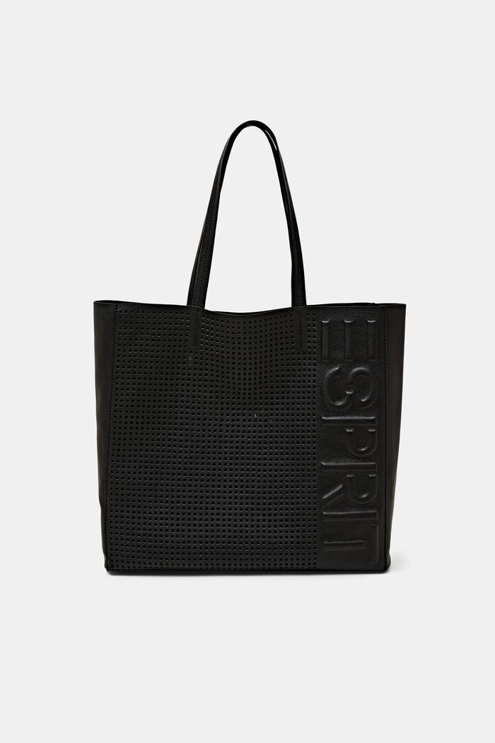 Shoppingväska av skinn med präglad logo, BLACK, detail image number 0