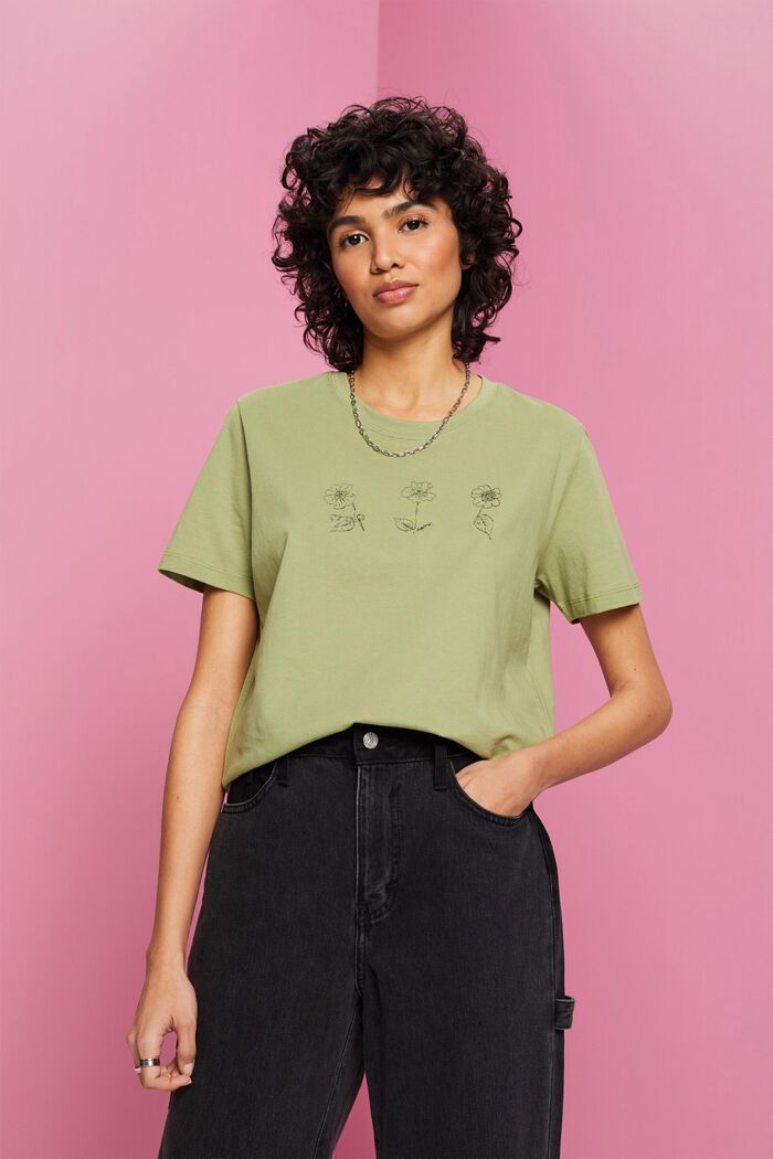 Bomulls-T-shirt med blomtryck, PISTACHIO GREEN, detail image number 0