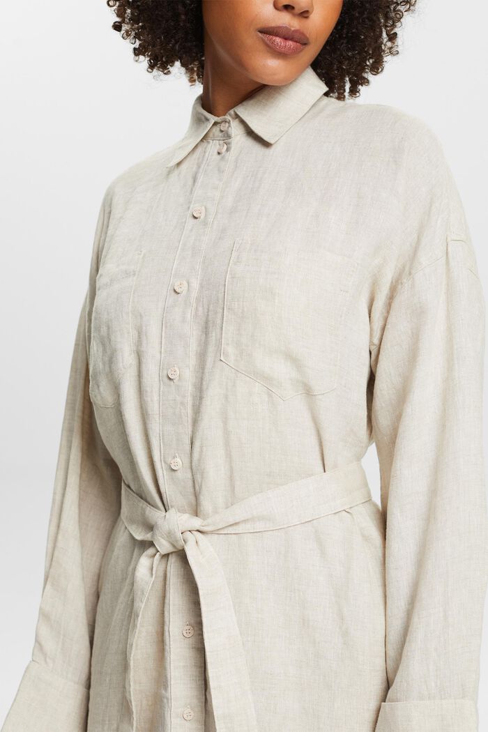 Midilång skjortklänning i linne med skärp, BEIGE, detail image number 3