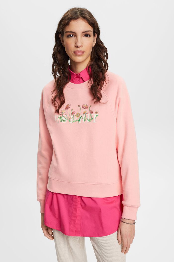 Sweatshirt med logotryck och broderade blommor, PINK, detail image number 0