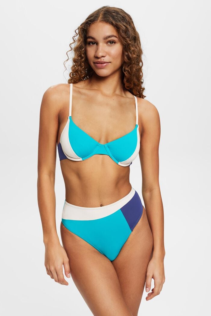 Bikiniunderdel med hög midja och färgblocksdesign, TEAL GREEN, detail image number 0