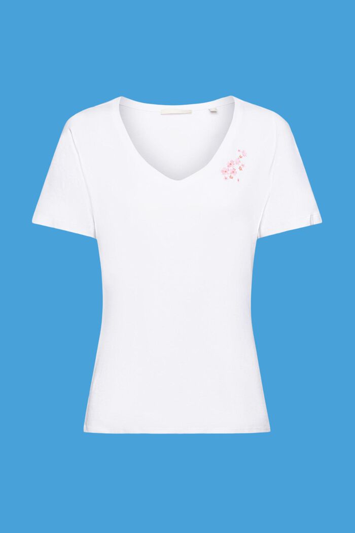 V-ringad T-shirt med blombroderi, WHITE, detail image number 5