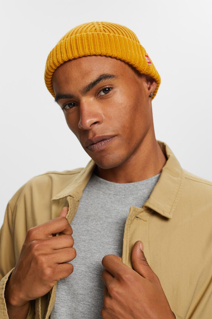 Ribbstickad beanie, 100% bomull, AMBER YELLOW, detail image number 2