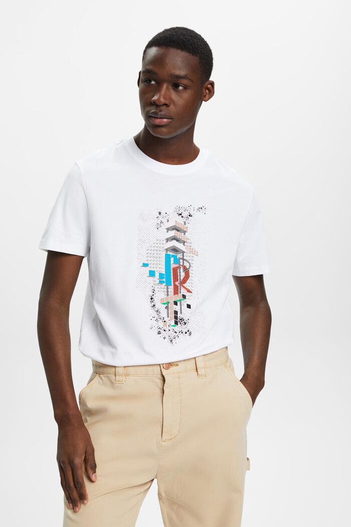 Bomulls-T-shirt i smal modell med tryck fram, WHITE, detail image number 0