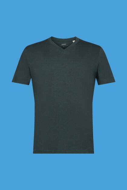 V-ringad T-shirt i bomull med smal passform, TEAL BLUE, overview