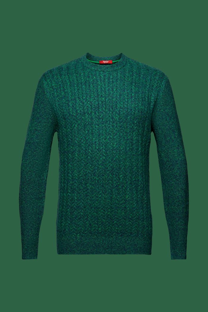 Melerad kabelstickad tröja med rund ringning, GREEN, detail image number 6
