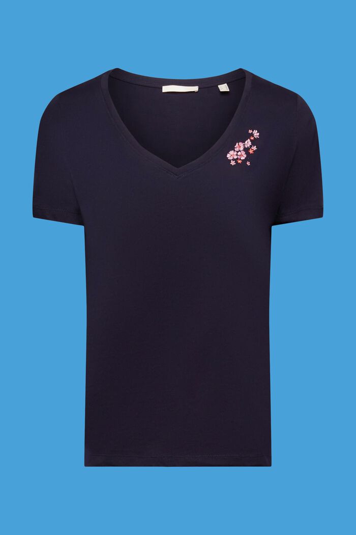 V-ringad T-shirt med blombroderi, NAVY, detail image number 5