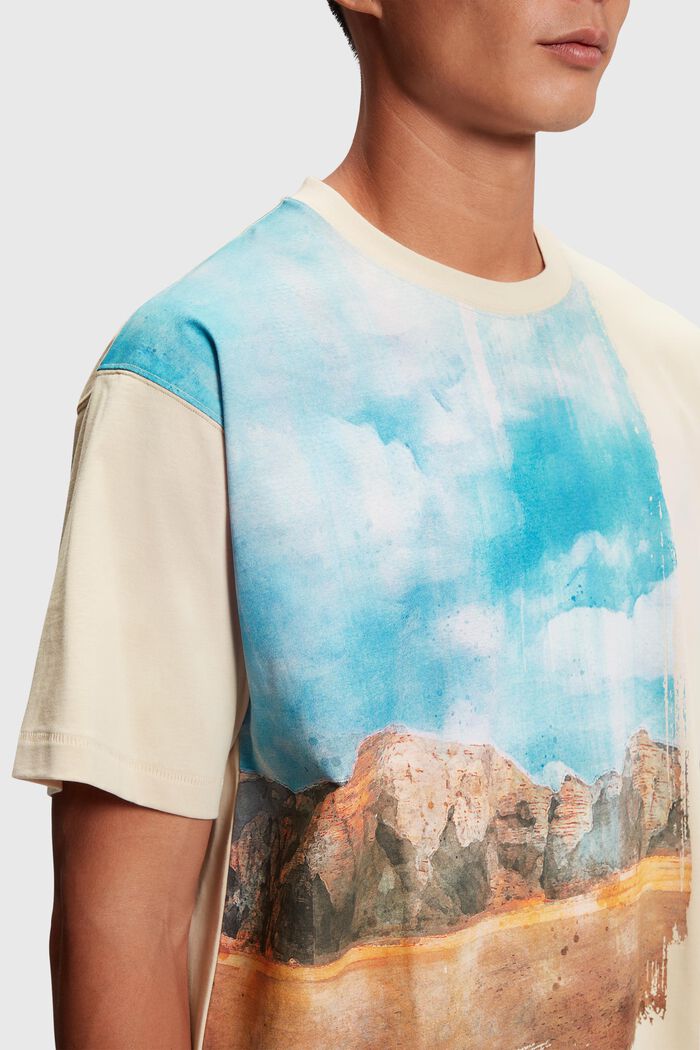 T-shirt med fyrkantigt, digitalt landskapstryck på framstycket, BEIGE, detail image number 2