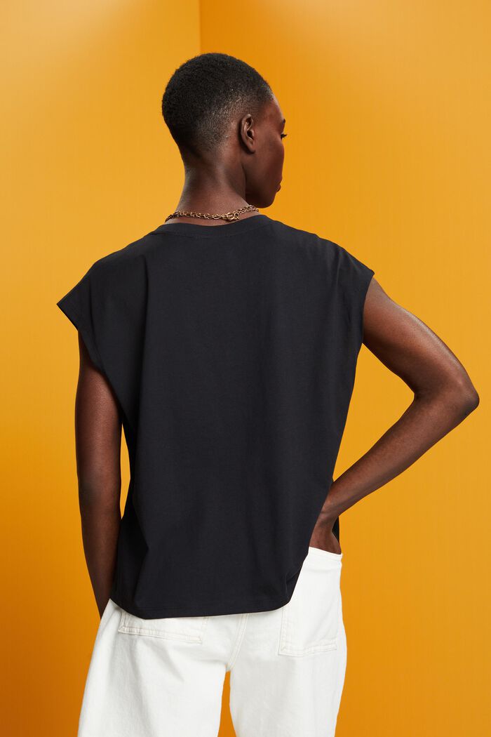 Ärmlös T-shirt i bomull med V-ringning, BLACK, detail image number 3