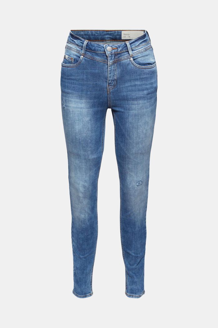 Ankellånga jeans i sliten look, ekobomull, BLUE MEDIUM WASHED, detail image number 0
