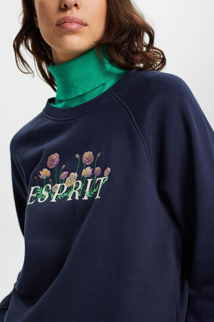 Sweatshirt med logotryck och broderade blommor, NAVY, detail image number 2
