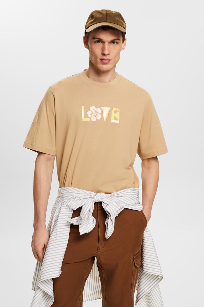 T-shirt i pimabomull med tryck, unisexmodell, BEIGE, detail image number 0