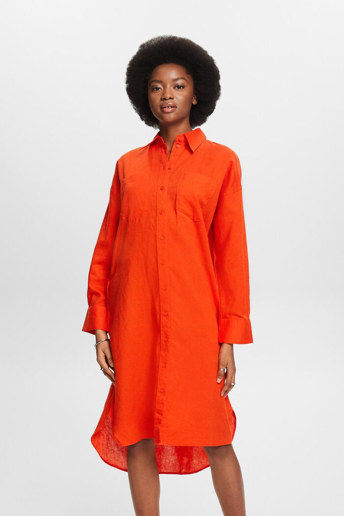 Skjortklänning med skärp i linne-bomullsmix, BRIGHT ORANGE, detail image number 0
