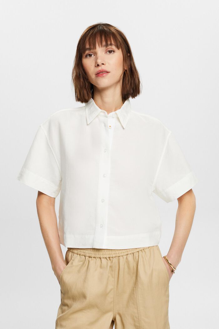Croppad skjortblus, linne-bomullsmix, WHITE, detail image number 0